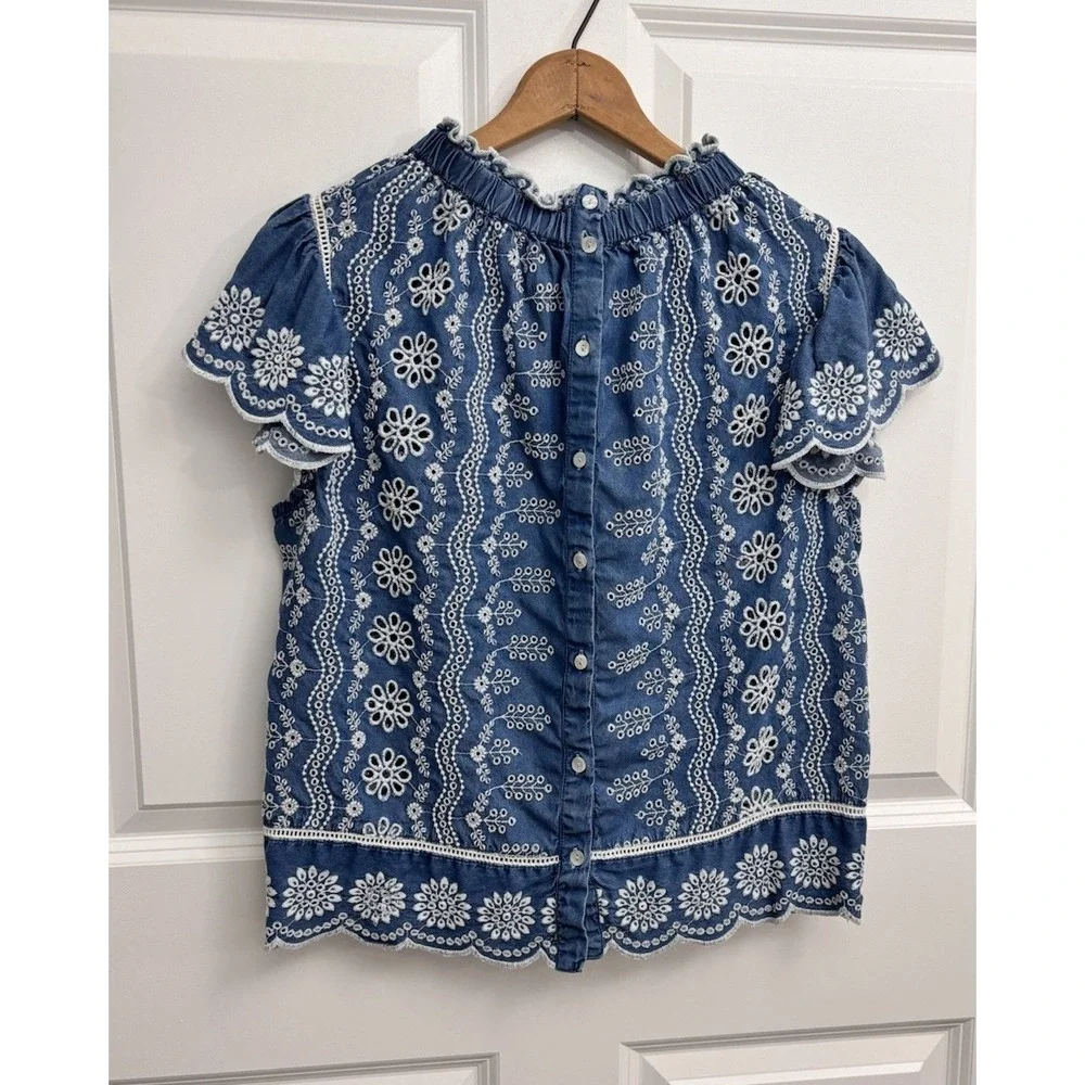 Jennifer&Grace Shirt Womens L Blue Eyelet Embroidered Boho Flutter Sleeve 0350 - Picture 2 of 6